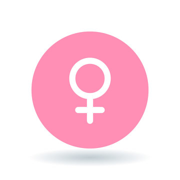 Female gender icon. Ladies sign. Women symbol. White female symbol on pink circle background. Vector illustration.