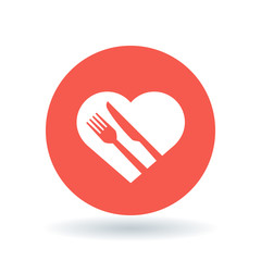 Concept eat healthy icon. Conceptual healthy diet sign. heart, knife and fork symbol. White healthy heart icon on red circle background. Vector illustration.