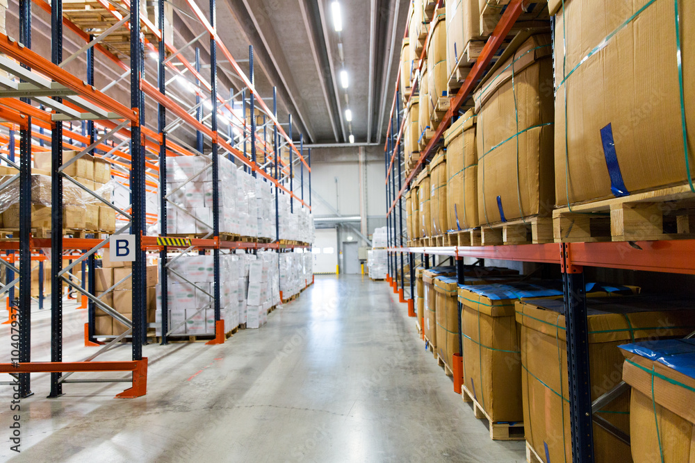 Wall mural cargo boxes storing at warehouse shelves