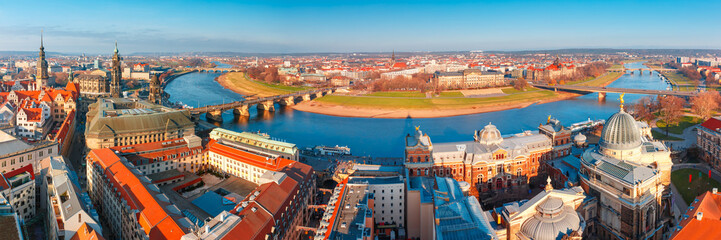 Aerial scenic panorama of the Old Town of Dresden: river Elbe with Augustus Bridge, Hofkirche and...