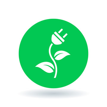 Natural green eco energy icon with electric plug, plant and leaf symbol on green circle background. Vector illustration.