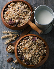 Healthy breakfast of muesli with milk and seeds