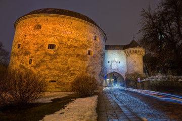 Fat Margaret, a fortress tower in night, Tallinn, Estonia;