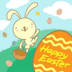 Easter rabbit holding basket run and catch colorful easter egg and text Happy Easter illustration isolated on field and sky background