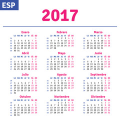 Fototapeta na wymiar Spanish calendar 2017, horizontal calendar grid, vector