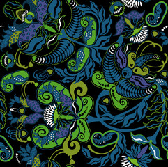 stylized floral green pattern, fabric  on black background