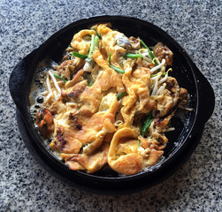 Oysters fried in egg batter Pan-fried crispy mussel with bean sprout Crispy Mussel and Beansprout Pancake Thai food