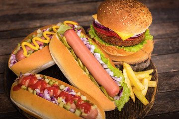 Fast food - Hot dogs, hamburger and French fries 