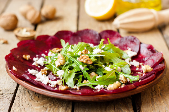 Beet salad with cheese and walnuts