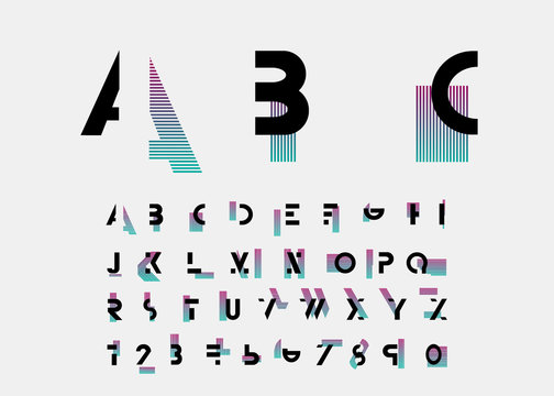 Black alphabetic fonts and numbers with color lines. Vector illustration.