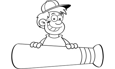 Black and white illustration of a boy with a baseball bat banner.