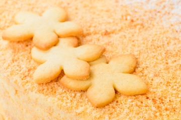 closeup of star-shaped biscuits on the sandy cake (shallow DOF)
