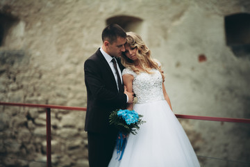 Happy wedding couple hugging and smiling each other on background old castle