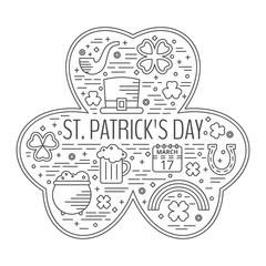St. Patricks day line icons set in clover shape.