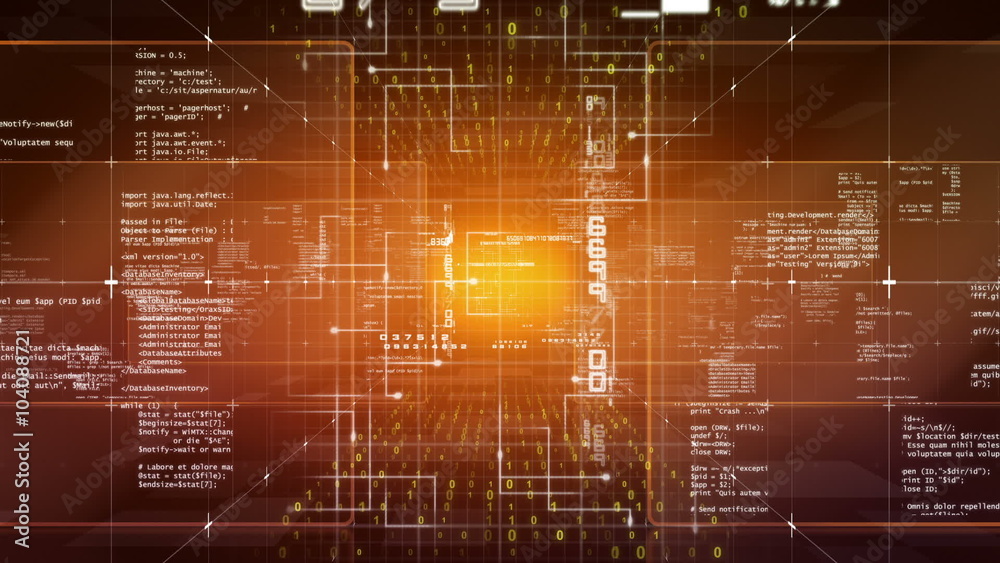 Wall mural high tech animation of a camera moving through pieces of software source code