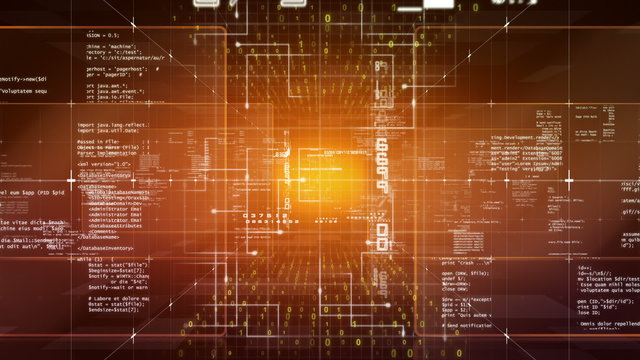 High tech animation of a camera moving through pieces of software source code