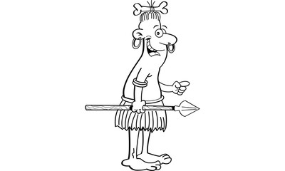 Obraz premium Black and white illustration of a native holding a spear and pointing.