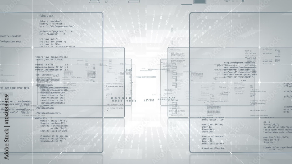 Wall mural high tech animation of a camera moving through pieces of software source code
