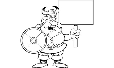 Black and white illustration of a viking holding a shield and a sign.