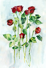 Watercolor painting. Red roses with green leaves on a long stems. - 104089380