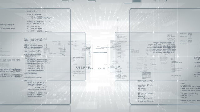 High tech animation of a camera moving through pieces of software source code