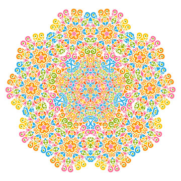 Colorful Abstract Decorative Vector Mandala Pattern with Bright and Fresh Springtime Colors. Isolated on White Background. Bloomy and Ornate Motif and Design Elements for Greeting Card Backdrops.