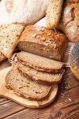 Bread assortment on wooden surface