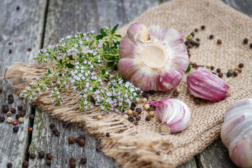 Organic garlic whole and cloves and other herbs and spices on the rustic wooden background