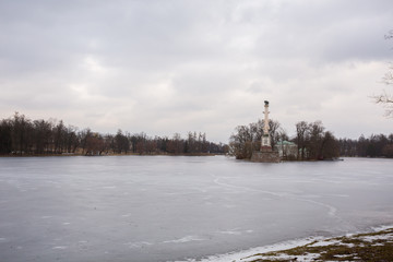 Winter landscape with views over the Large pond in Catherine Park,Tsarskoe Selo, Russia.