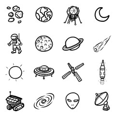 space technology objects or icons set/ cartoon vector and illustration, hand drawn style, black and white, isolated on white background.