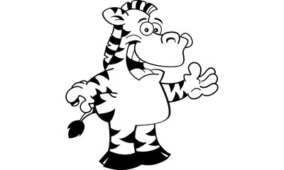 Black and white illustration of a smiling zebra.