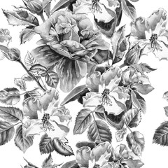 Monochrome seamless pattern with flowers.