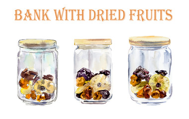 Bank with dried fruits. Watercolor hand drawn illustration. 