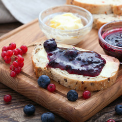 Overhead view on healthy breakfast with strawberry jam