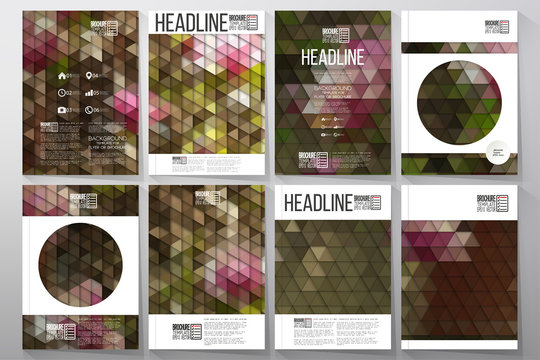 Business vector templates for brochure, flyer or booklet. The tree with purple flowers. Collection of abstract multicolored backgrounds. Natural geometrical patterns. Triangular style