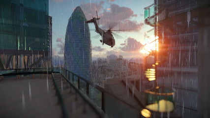 London at sunrise, Military Chopper passing, Swiss Reinsurance Headquarters, The Gherkin, raining - Powered by Adobe