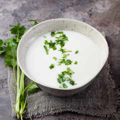 Cold soup with sour milk and fresh herbs on the stone table
