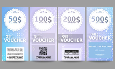 Set of modern gift voucher templates. Abstract white circles on light blue background, vector illustration