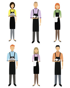 Vector set of waiters, girls and men with trays on their hands. 
