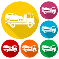 Car towing truck icons set with long shadow