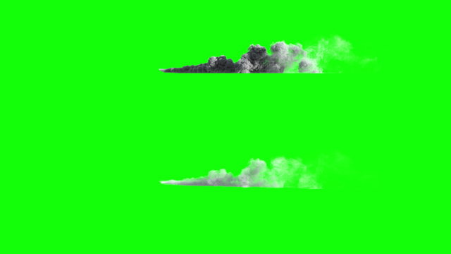 4k side view of dust or smoke trail behind car (uhd 3840x2160, ultra high definition, 1920x1080, 1080p) two different densities, soft and very dense, isolated on greenscreen background, with alpha
