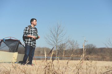 Camper looking at landscape