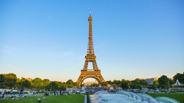Low Angle View Of Eiffel Tower Against Blue Sky