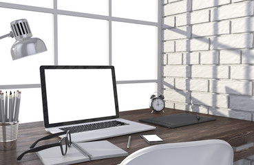 3D illustration laptop and work stuff on table near brick wall, Workspace