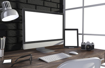 Fototapeta premium 3D illustration PC screen on table in office, Workspace