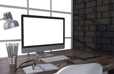 3D illustration PC screen on table in office, Workspace