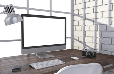 Fototapeta premium 3D illustration PC screen on table in office, Workspace