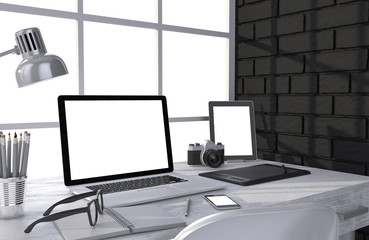 3D illustration laptop and work stuff on table near brick wall, Workspace