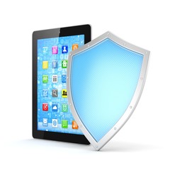 Tablet PC and shield on white device security concept