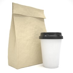 Coffee to go and lunch bag, on white.